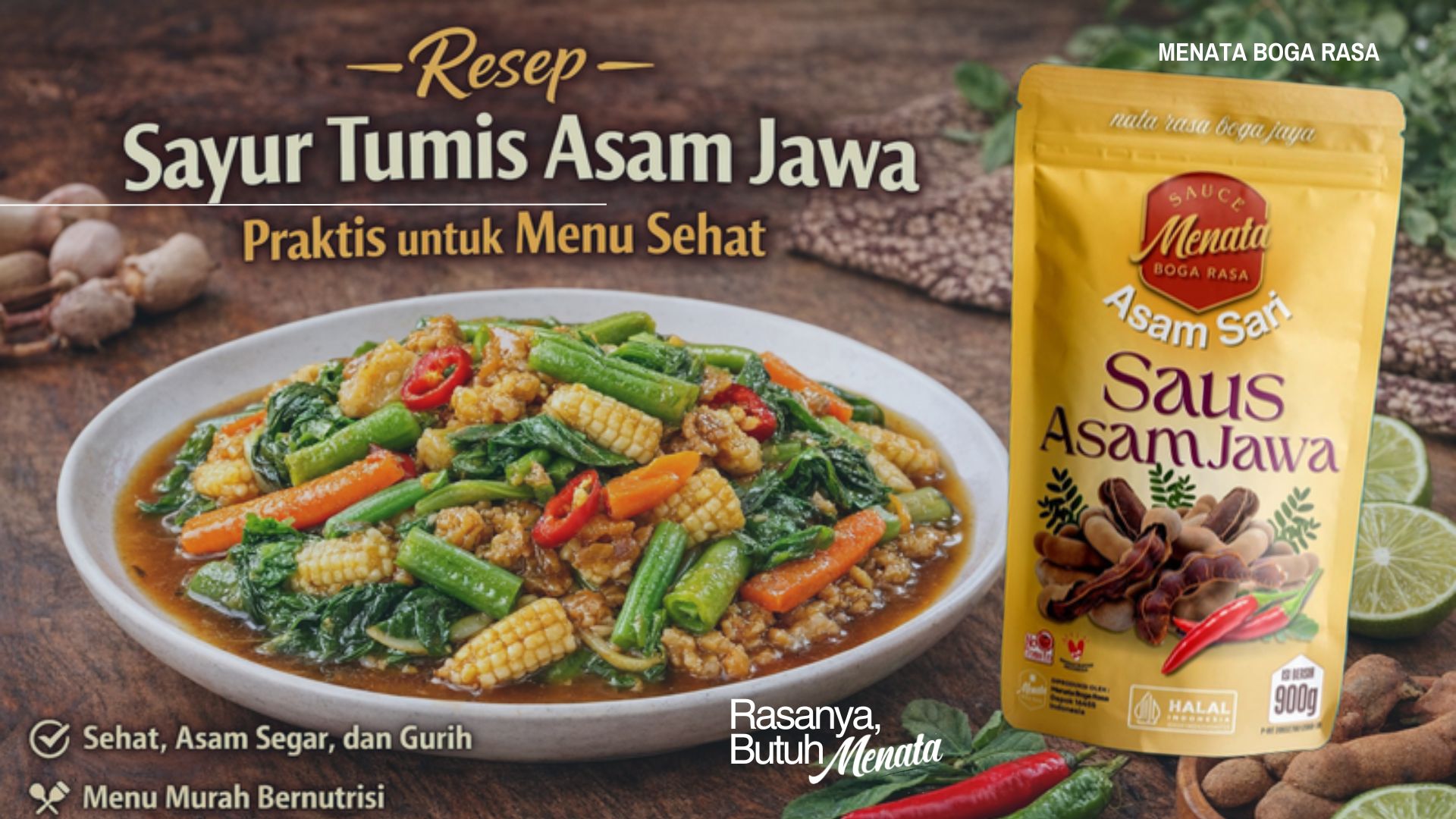 sayur tumis asam jawa dengan wortel buncis dan jagung muda disajikan di piring putih foto makanan rasio 16:9 menggunakan saus asam jawa siap pakai