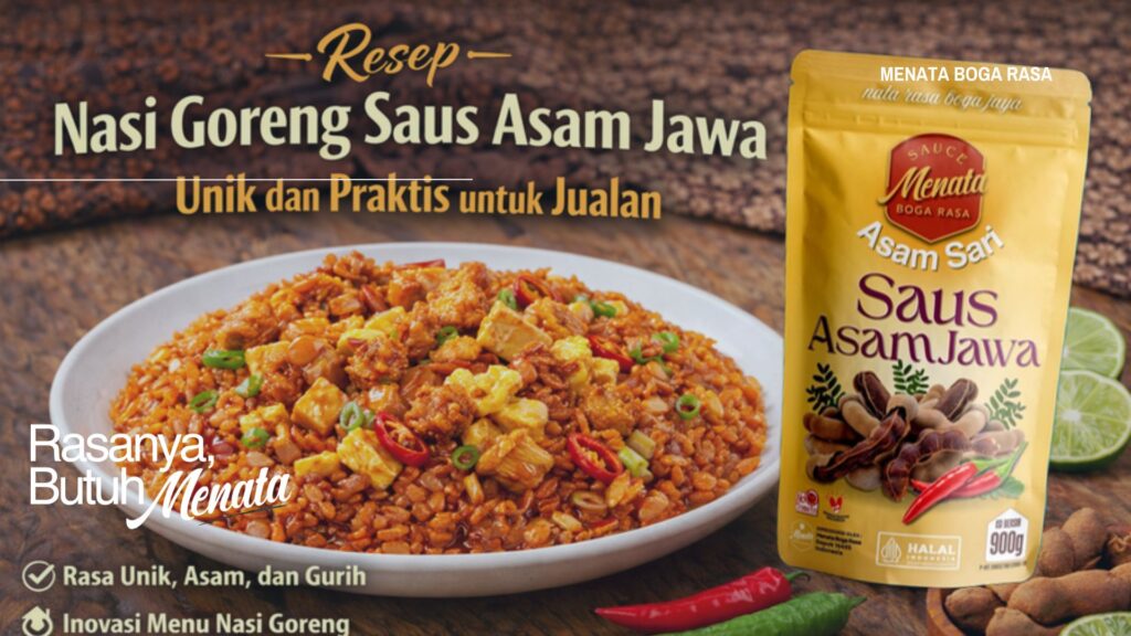 nasi goreng saus asam jawa dengan topping ayam dan telur disajikan di piring putih foto makanan rasio 16:9 menggunakan saus asam jawa siap pakai
