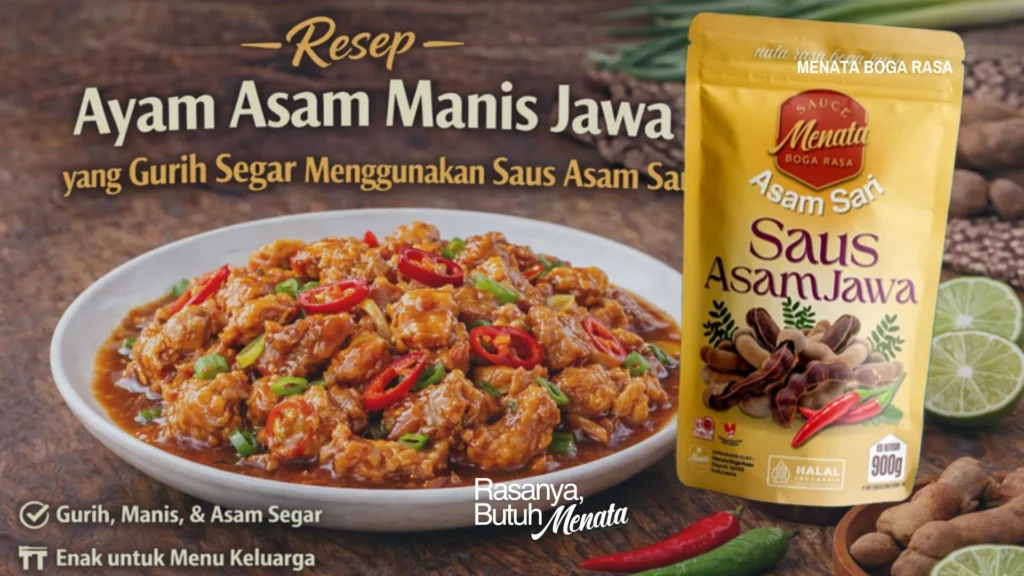 ayam asam manis jawa dengan saus asam jawa menata asam sari disajikan di piring putih foto makanan rasio 16:9