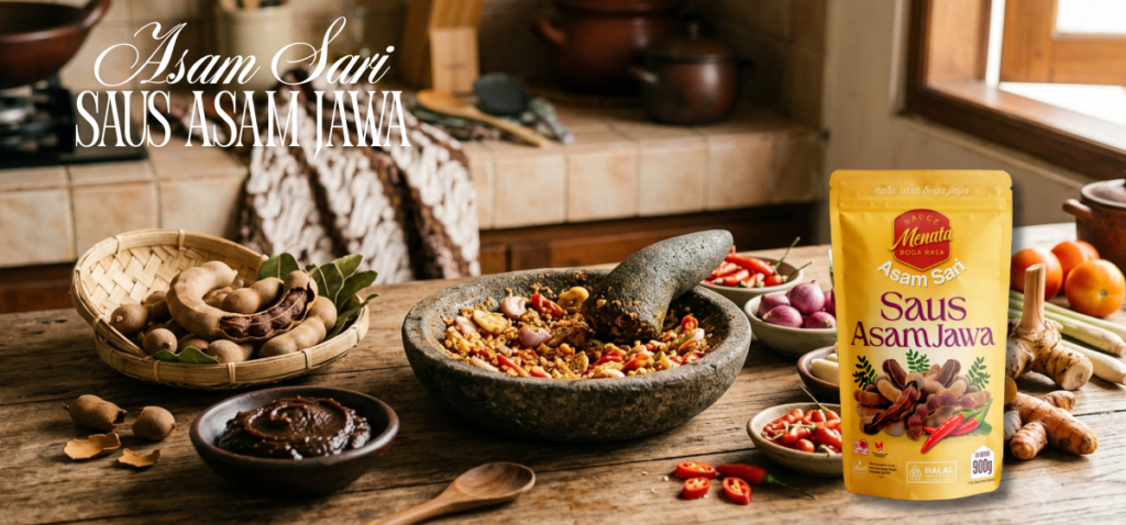 Bumbu dasar masakan rumahan dengan asam jawa, bawang, dan cabai di dapur tradisional Indonesia